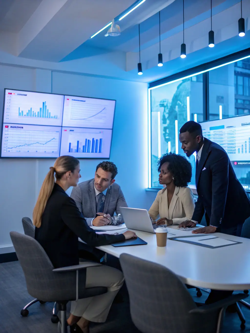 A vibrant image showcasing a diverse team collaborating on a digital marketing strategy, with charts and data visualizations in the background, representing MarketBoost's data-driven approach.