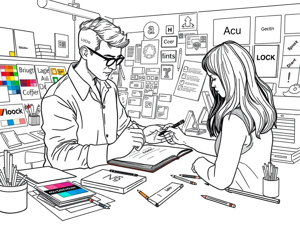 A creative image featuring a logo design process, with sketches, color palettes, and typography examples, emphasizing the creation of a strong brand identity.