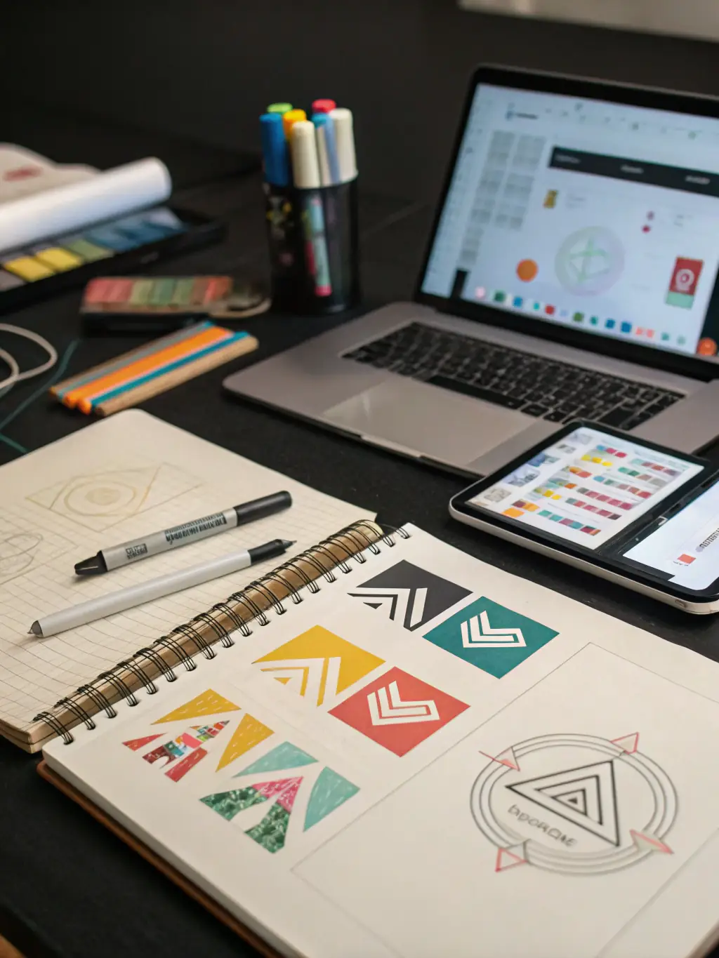 A visually appealing image of a branding session, featuring logo designs, color palettes, and brand guidelines, highlighting MarketBoost's branding and content creation services.